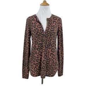 Socialite Notch Split Neck Henley Shirt Womens M Medium Rust Black Leopard Print